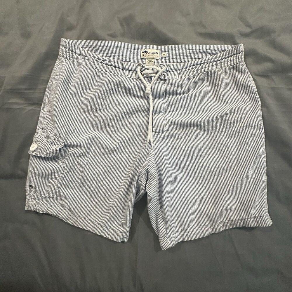 J.Crew Seersucker Board Short Mens 36 Striped Lined Swim Trunks Beach Pool Blue